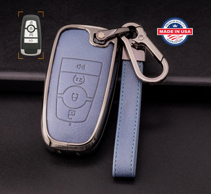 For Ford/Lincoln/Bronco - customizable Leather Key Fob Cover with Aluminum Shell & Keychain (4 - Button) - Kollen US