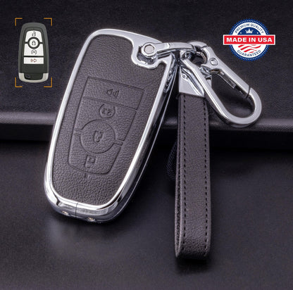 For Ford/Lincoln/Bronco - customizable Leather Key Fob Cover with Aluminum Shell & Keychain (4 - Button) - Kollen US