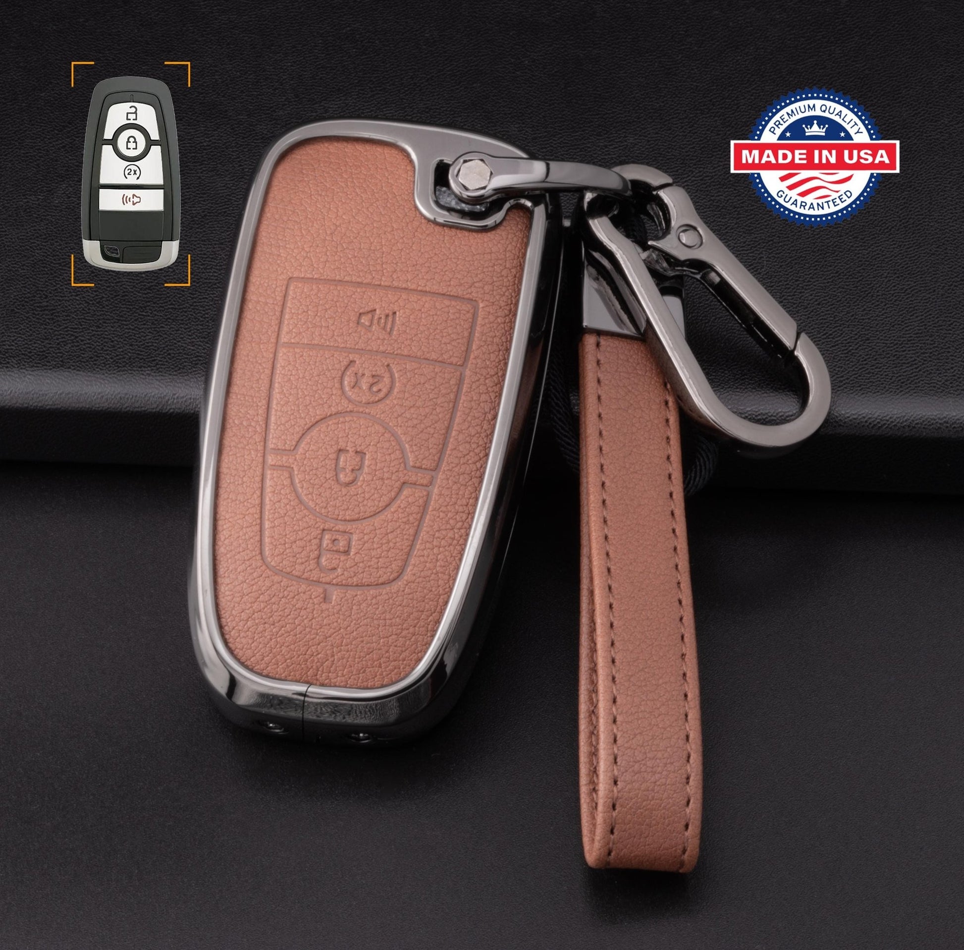 For Ford/Lincoln/Bronco - customizable Leather Key Fob Cover with Aluminum Shell & Keychain (4 - Button) - Kollen US