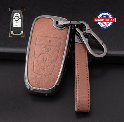 For Ford/Lincoln/Bronco - customizable Leather Key Fob Cover with Aluminum Shell & Keychain (4 - Button) - Kollen US