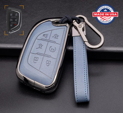 For Cadillac - customizable Leather & Aluminum Key Fob Cover with Keychain (A - 6 - button) - Kollen US