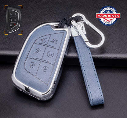 For Cadillac - customizable Leather & Aluminum Key Fob Cover with Keychain (A - 6 - button) - Kollen US