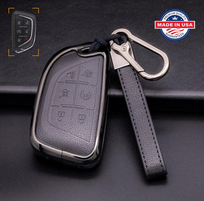 For Cadillac - customizable Leather & Aluminum Key Fob Cover with Keychain (A - 6 - button) - Kollen US