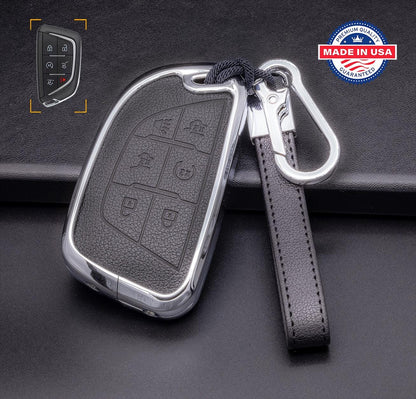 For Cadillac - customizable Leather & Aluminum Key Fob Cover with Keychain (A - 6 - button) - Kollen US