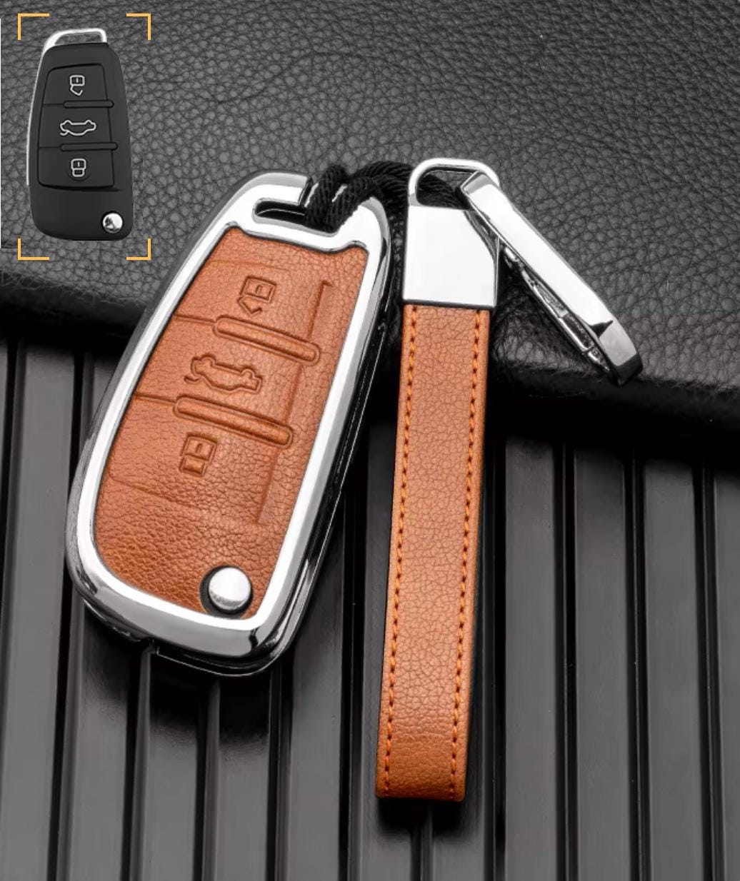 Customizable Leather & Aluminum Key Fob Cover with Keychain for Audi (Flip key) - Kollen US