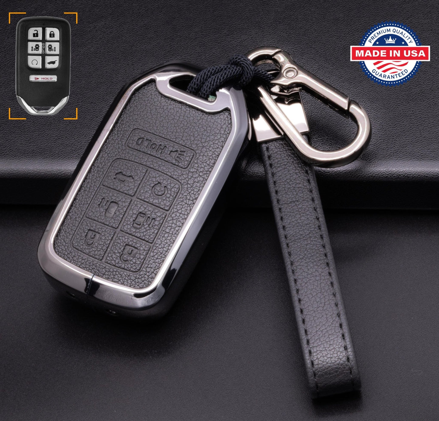 Customizable key fob cover in Leather & Aluminum with Keychain set for Honda (7 - Button) - Kollen US