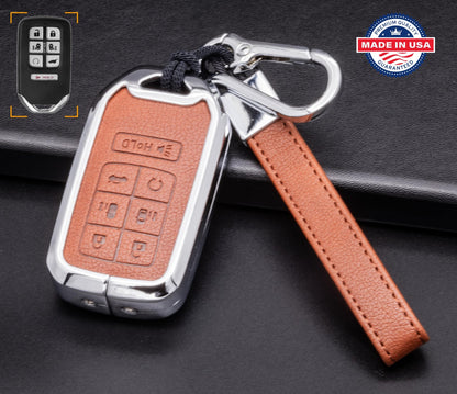 Customizable key fob cover in Leather & Aluminum with Keychain set for Honda (7 - Button) - Kollen US