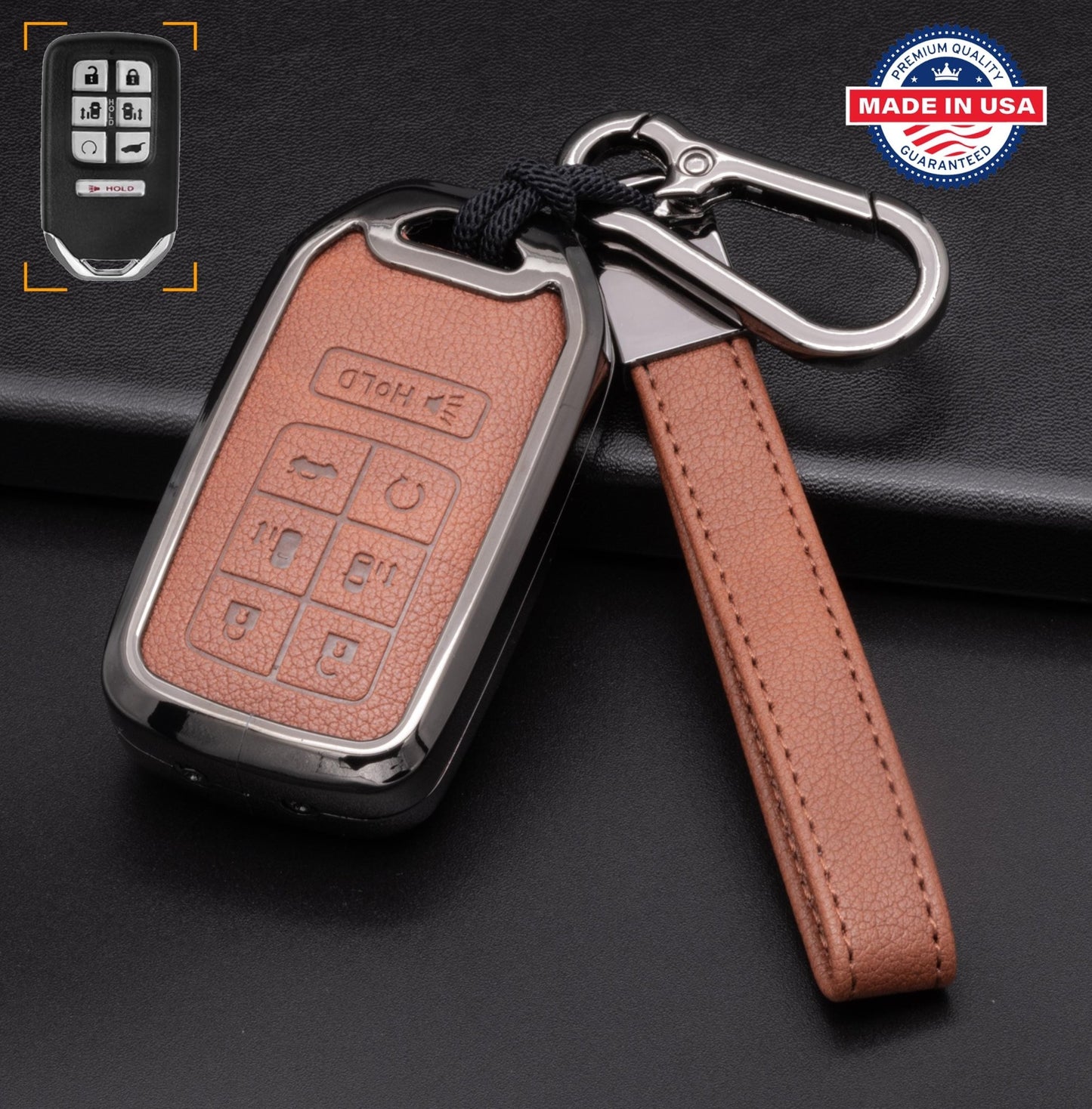 Customizable key fob cover in Leather & Aluminum with Keychain set for Honda (7 - Button) - Kollen US