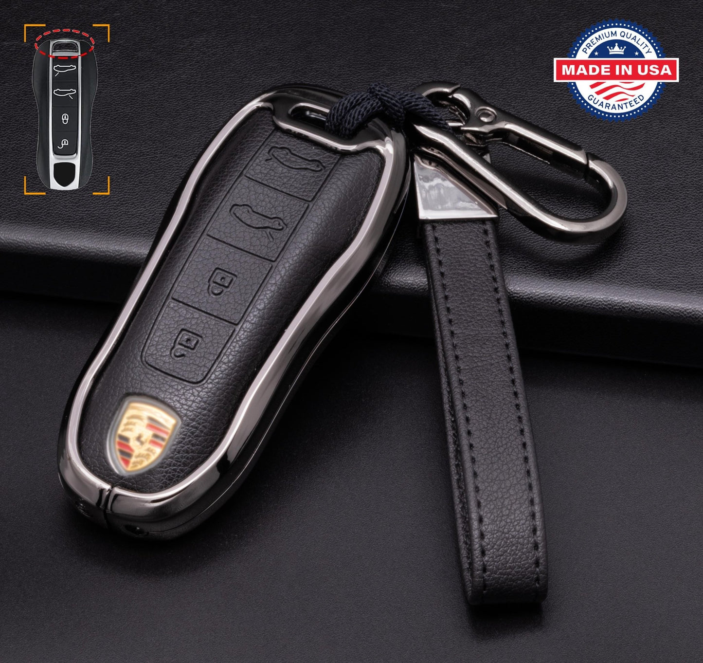 For Porsche - customizable Leather & Aluminum Key Fob Cover with Keychain (4 - button) NOT all EV's - Kollen US