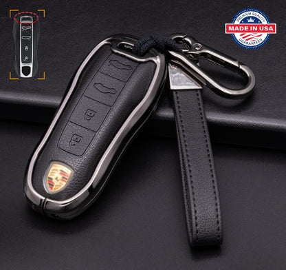 For Porsche - customizable Leather & Aluminum Key Fob Cover with Keychain (4 - button) NOT all EV's - Kollen US