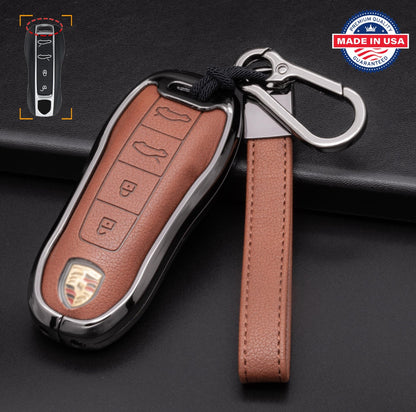 For Porsche - customizable Leather & Aluminum Key Fob Cover with Keychain (4 - button) NOT all EV's - Kollen US