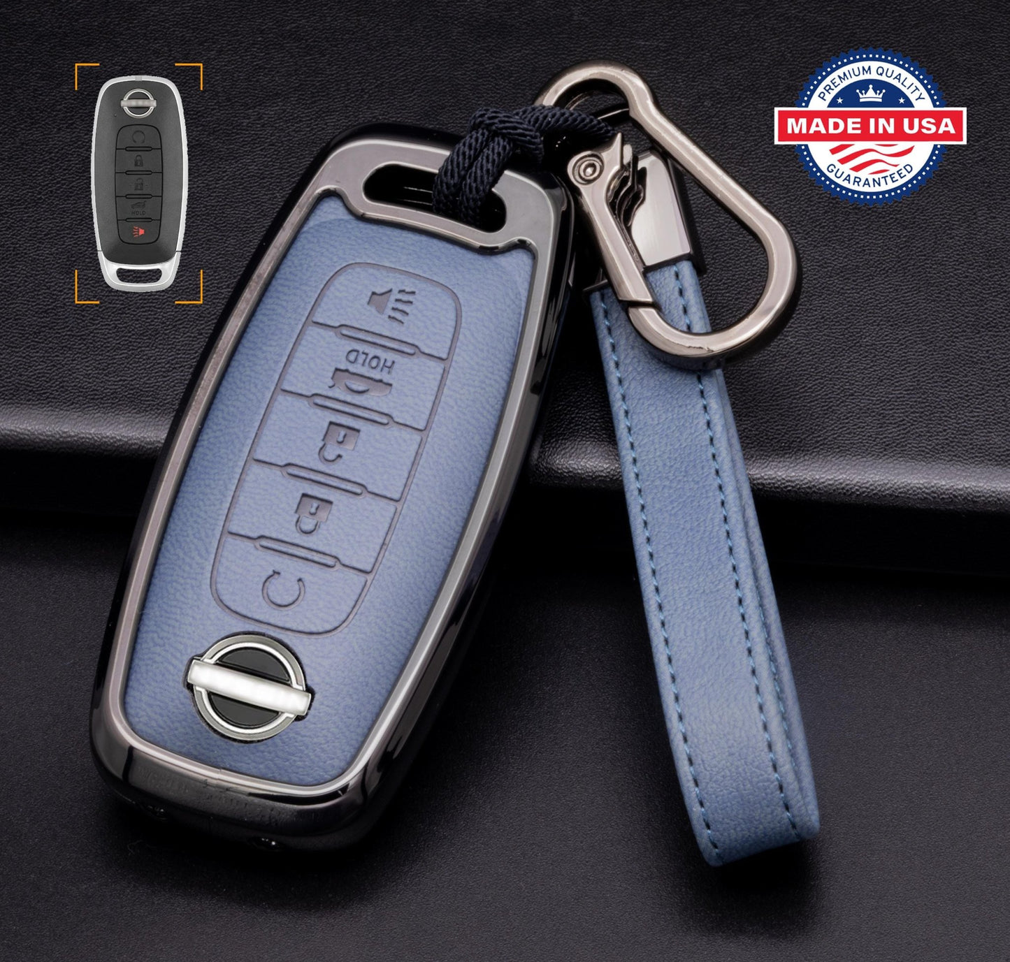 Customizable Leather & Aluminum Key Fob Cover with Keychain for Nissan (5 - Button) - Kollen US