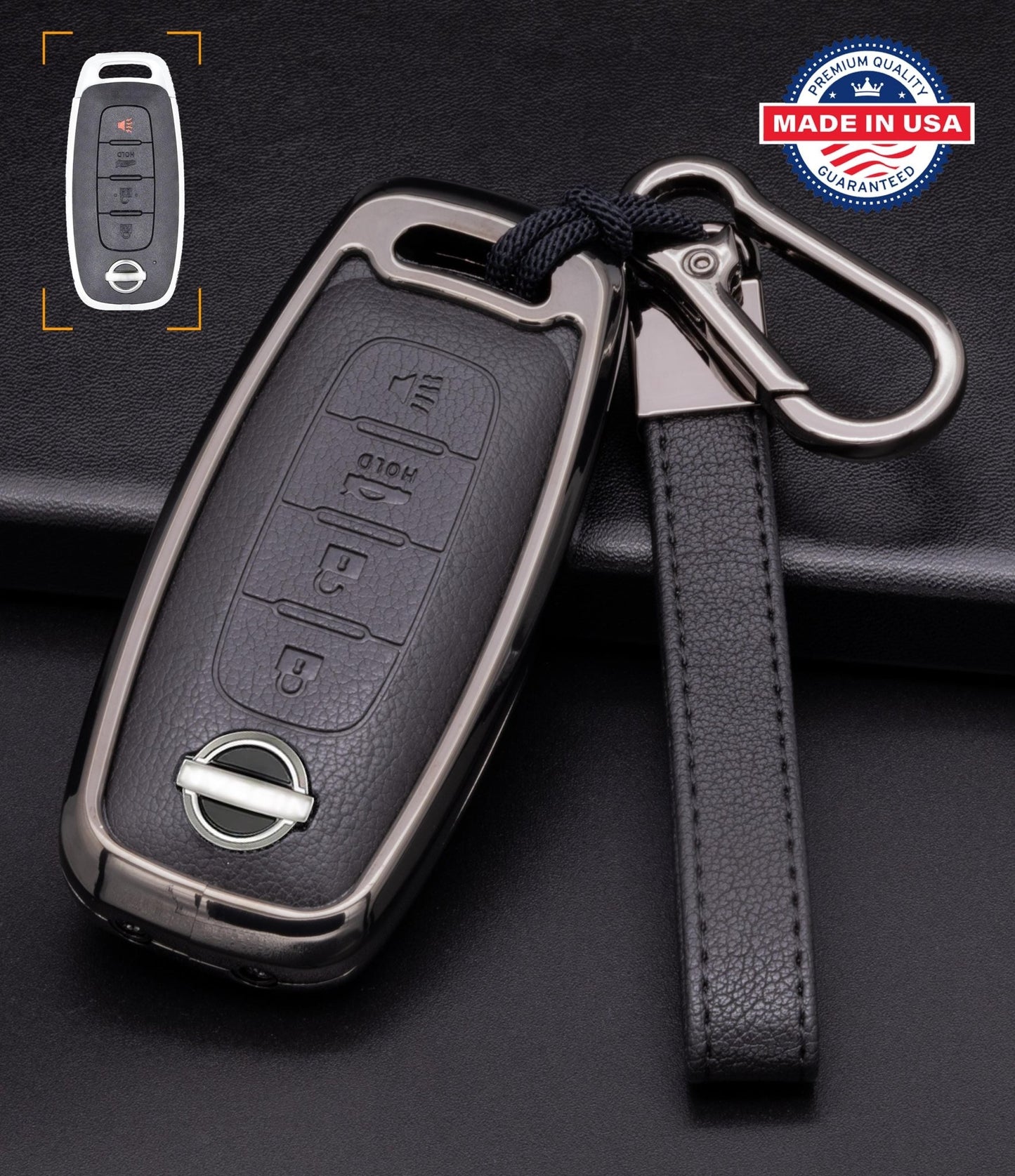 For Nissan - Customizable Leather Key Fob Cover with Aluminum Shell & Keychain (4 - button) - Kollen US