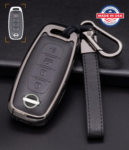 For Nissan - Customizable Leather Key Fob Cover with Aluminum Shell & Keychain (4 - button) - Kollen US