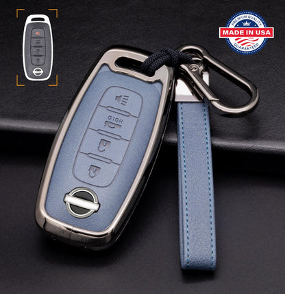 For Nissan - Customizable Leather Key Fob Cover with Aluminum Shell & Keychain (4 - button) - Kollen US
