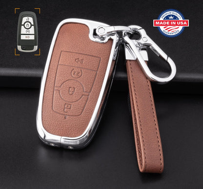 For Ford/Lincoln/Bronco - customizable Leather Key Fob Cover with Aluminum Shell & Keychain (4 - Button) - Kollen US