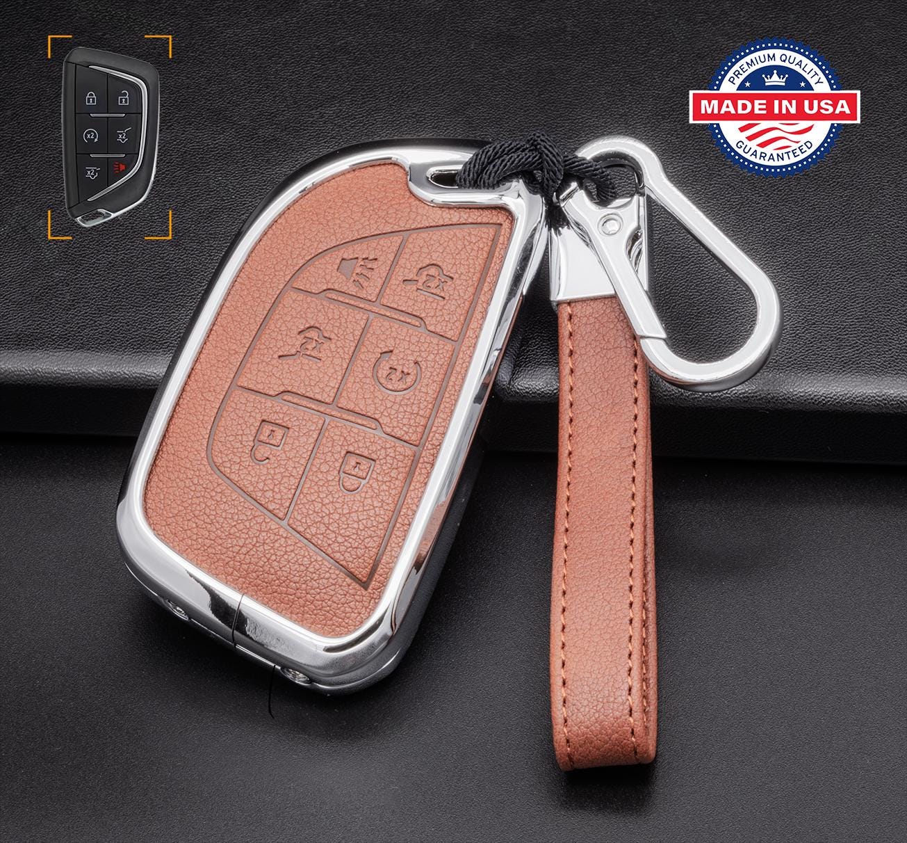 For Cadillac - customizable Leather & Aluminum Key Fob Cover with Keychain (A - 6 - button) - Kollen US