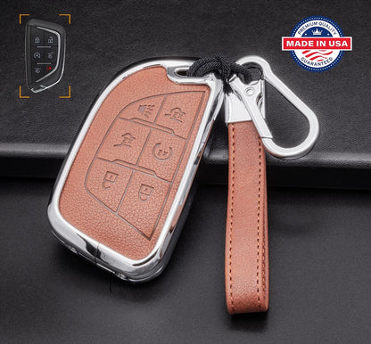 For Cadillac - customizable Leather & Aluminum Key Fob Cover with Keychain (A - 6 - button) - Kollen US