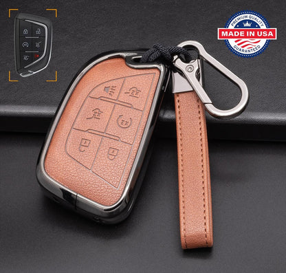 For Cadillac - customizable Leather & Aluminum Key Fob Cover with Keychain (A - 6 - button) - Kollen US