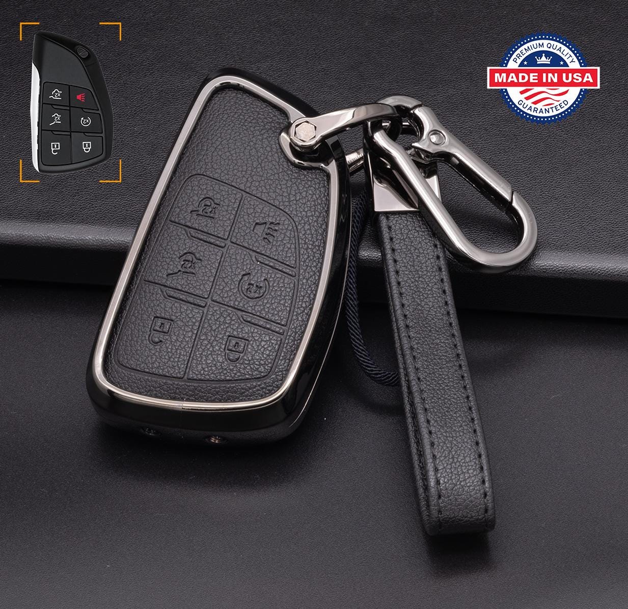 For GMC/Chevy - Customizable Leather Key Fob Cover with Aluminum Shell & Keychain (6 - Button) - Kollen US