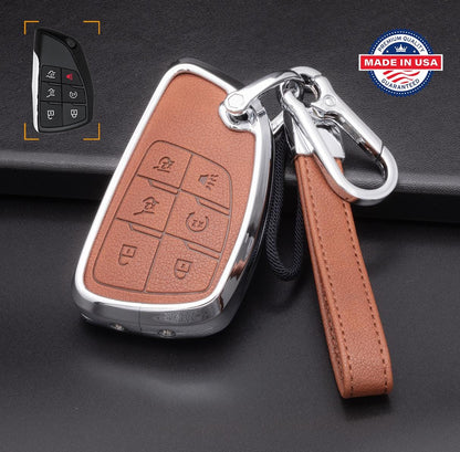 For GMC/Chevy - Customizable Leather Key Fob Cover with Aluminum Shell & Keychain (6 - Button) - Kollen US