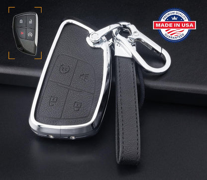 Customizable Leather & Aluminum Key Fob Cover Set with Keychain for GMC/Chevy/Buick (4 - Button) - Kollen US