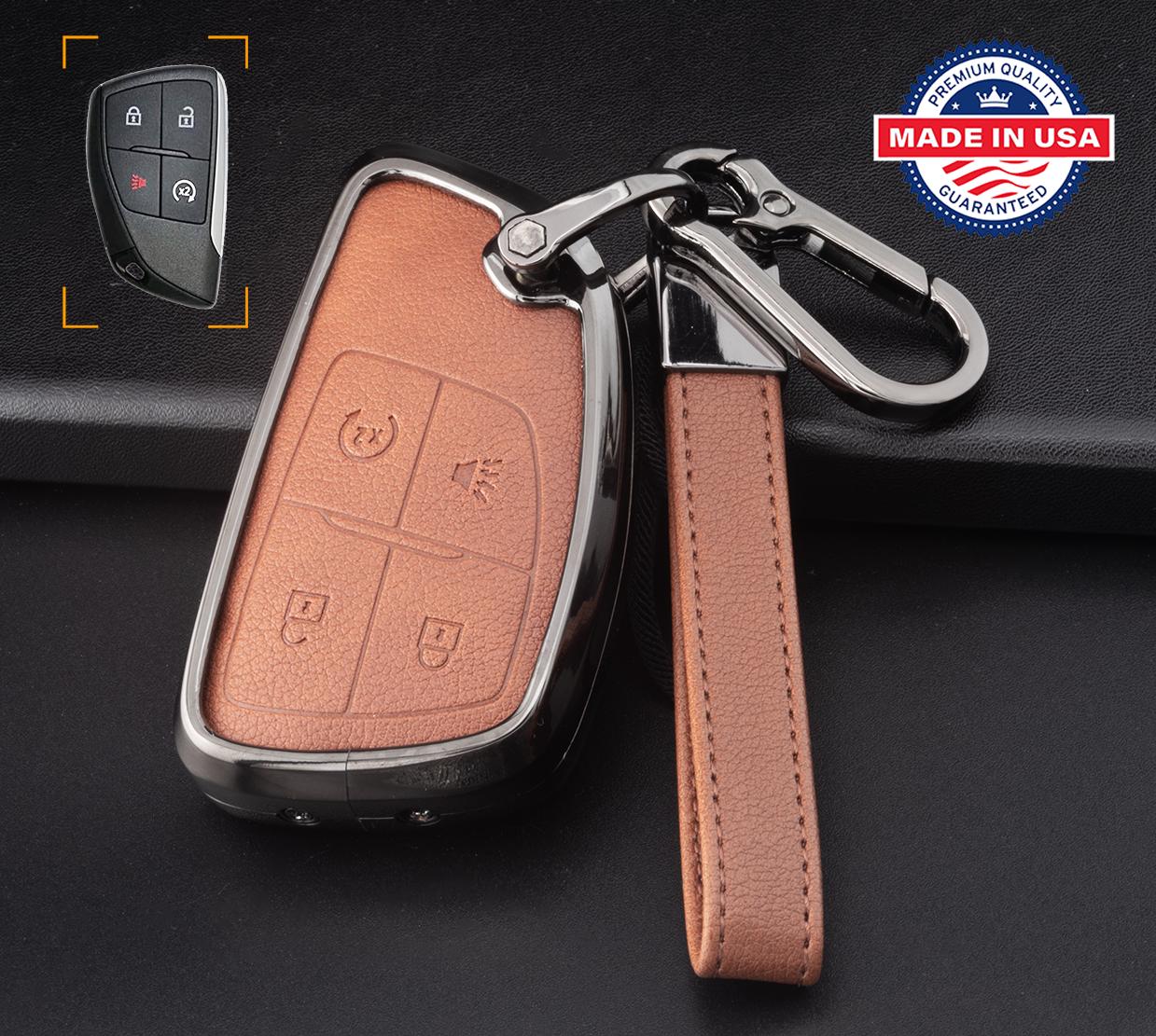 Customizable Leather & Aluminum Key Fob Cover Set with Keychain for GMC/Chevy/Buick (4 - Button) - Kollen US