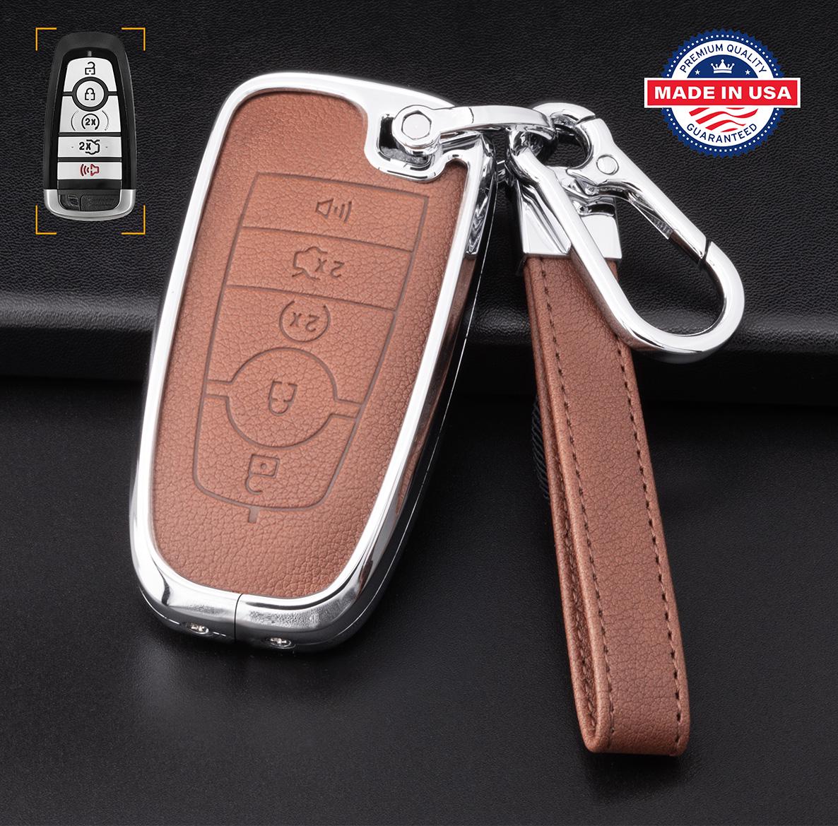 Customizable Leather & Aluminum Key Fob Cover with Keychain for Ford/Lincoln/Bronco (5 - button) - Kollen US