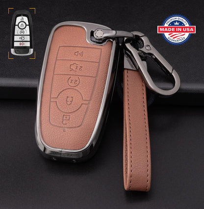 Customizable Leather & Aluminum Key Fob Cover with Keychain for Ford/Lincoln/Bronco (5 - button) - Kollen US