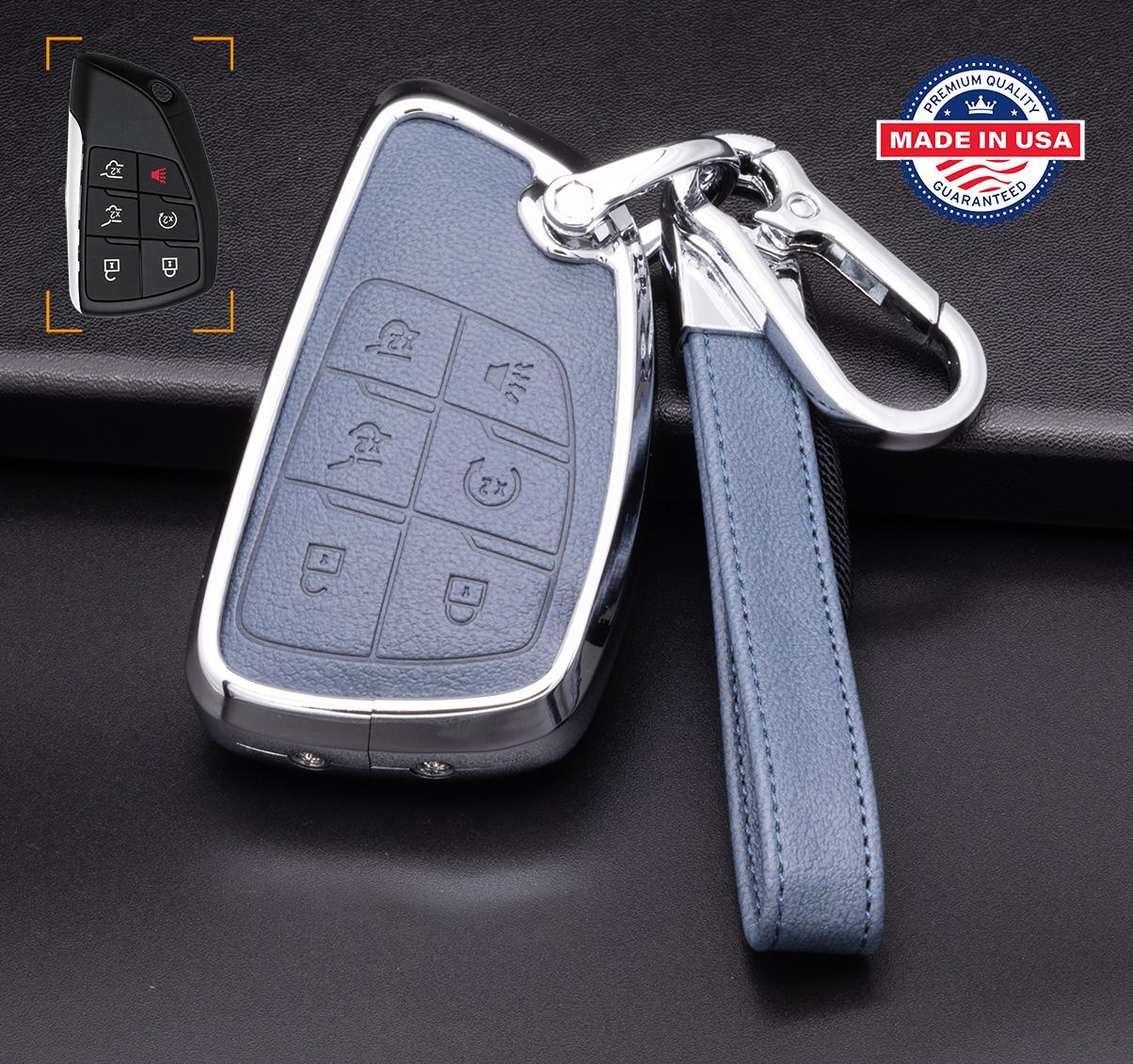 For GMC/Chevy - Customizable Leather Key Fob Cover with Aluminum Shell & Keychain (6 - Button) - Kollen US