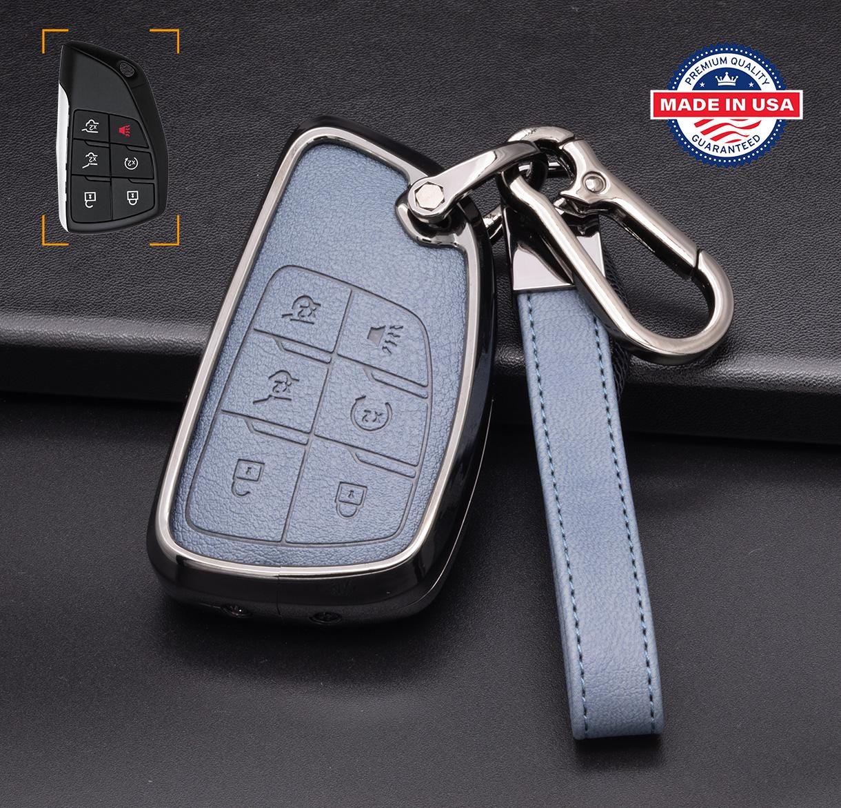 For GMC/Chevy - Customizable Leather Key Fob Cover with Aluminum Shell & Keychain (6 - Button) - Kollen US