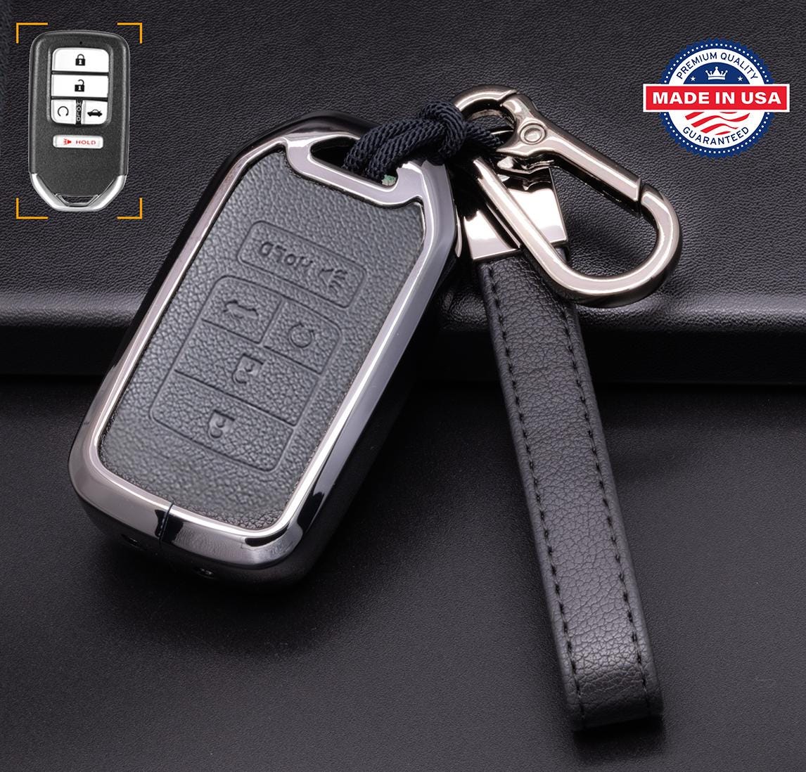 Customizable Leather & Aluminum Key Fob Cover Keychain Protector for Honda (B - 5 - Button) - Kollen US