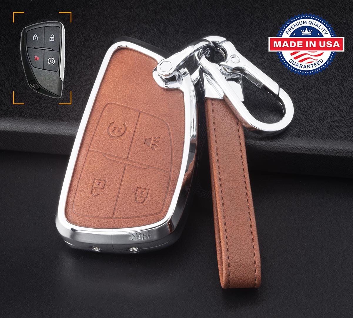 Customizable Leather & Aluminum Key Fob Cover Set with Keychain for GMC/Chevy/Buick (4 - Button) - Kollen US