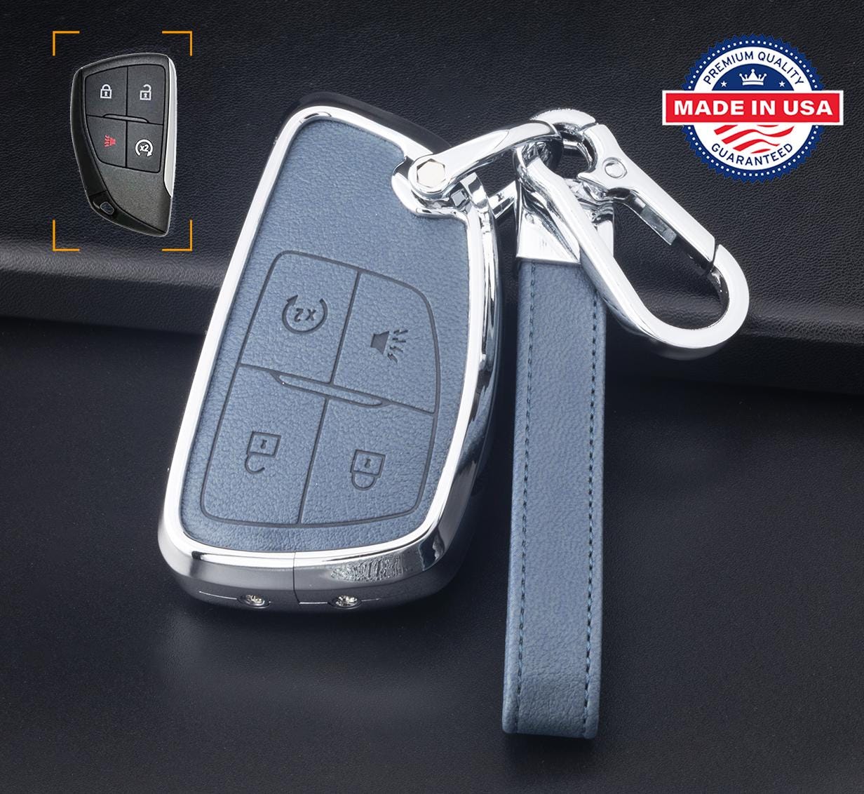 Customizable Leather & Aluminum Key Fob Cover Set with Keychain for GMC/Chevy/Buick (4 - Button) - Kollen US
