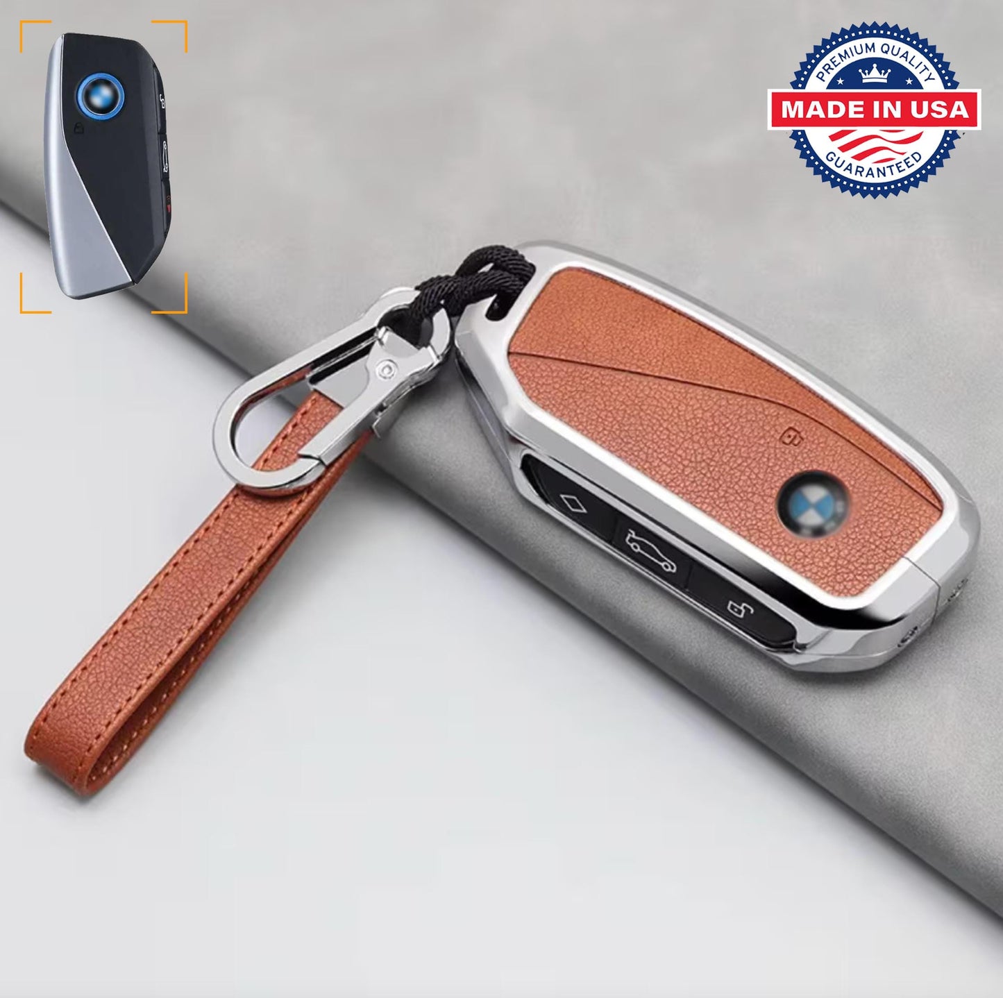 For BMW - Customizable Leather Key Fob Cover with Aluminum Shell & Keychain - Kollen US