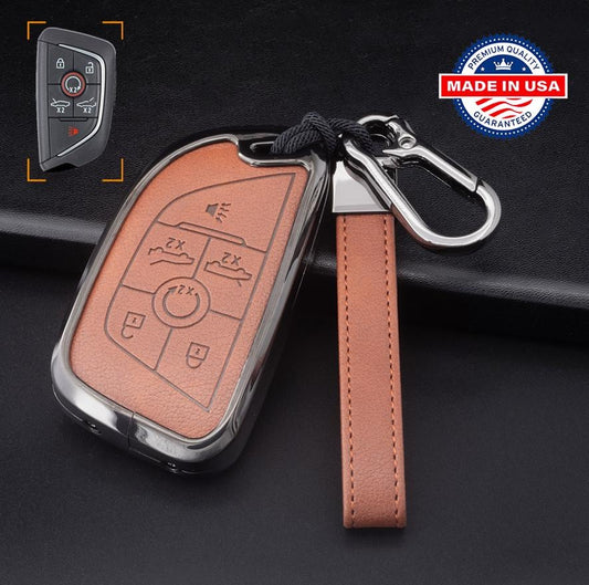 Customizable Leather & Aluminum Key Fob Cover with Keychain for Corvette (6 - Button) - Kollen US