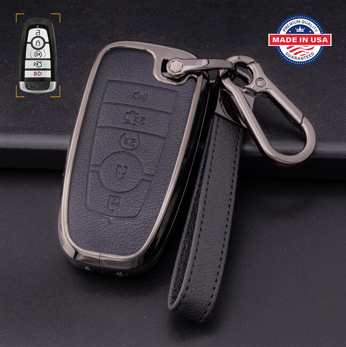 Customizable Leather & Aluminum Key Fob Cover with Keychain for Ford/Lincoln/Bronco (5 - button) - Kollen US