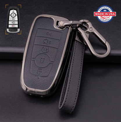 Customizable Leather & Aluminum Key Fob Cover with Keychain for Ford/Lincoln/Bronco (5 - button) - Kollen US