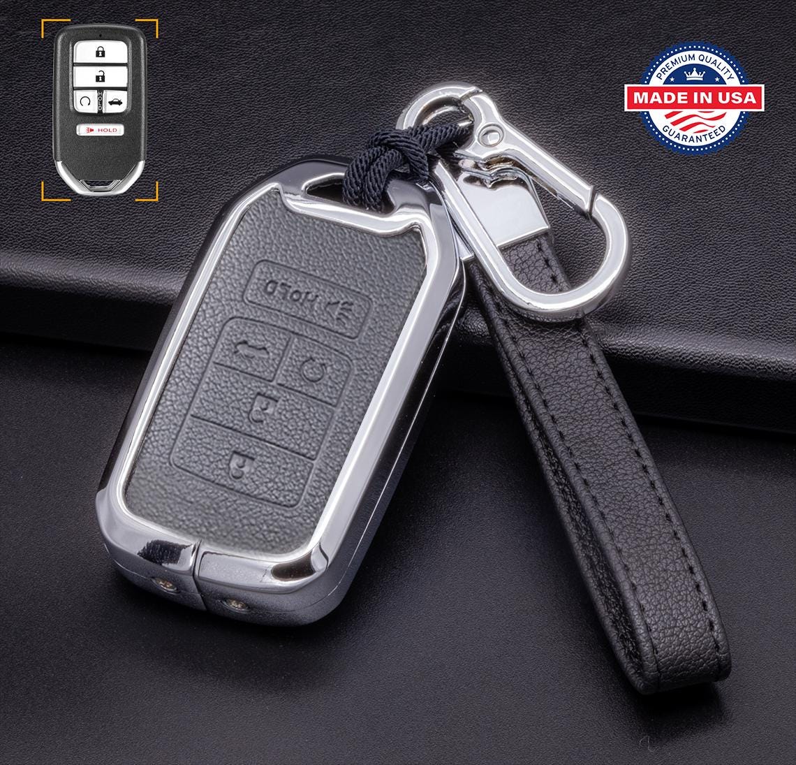 Customizable Leather & Aluminum Key Fob Cover Keychain Protector for Honda (B - 5 - Button) - Kollen US