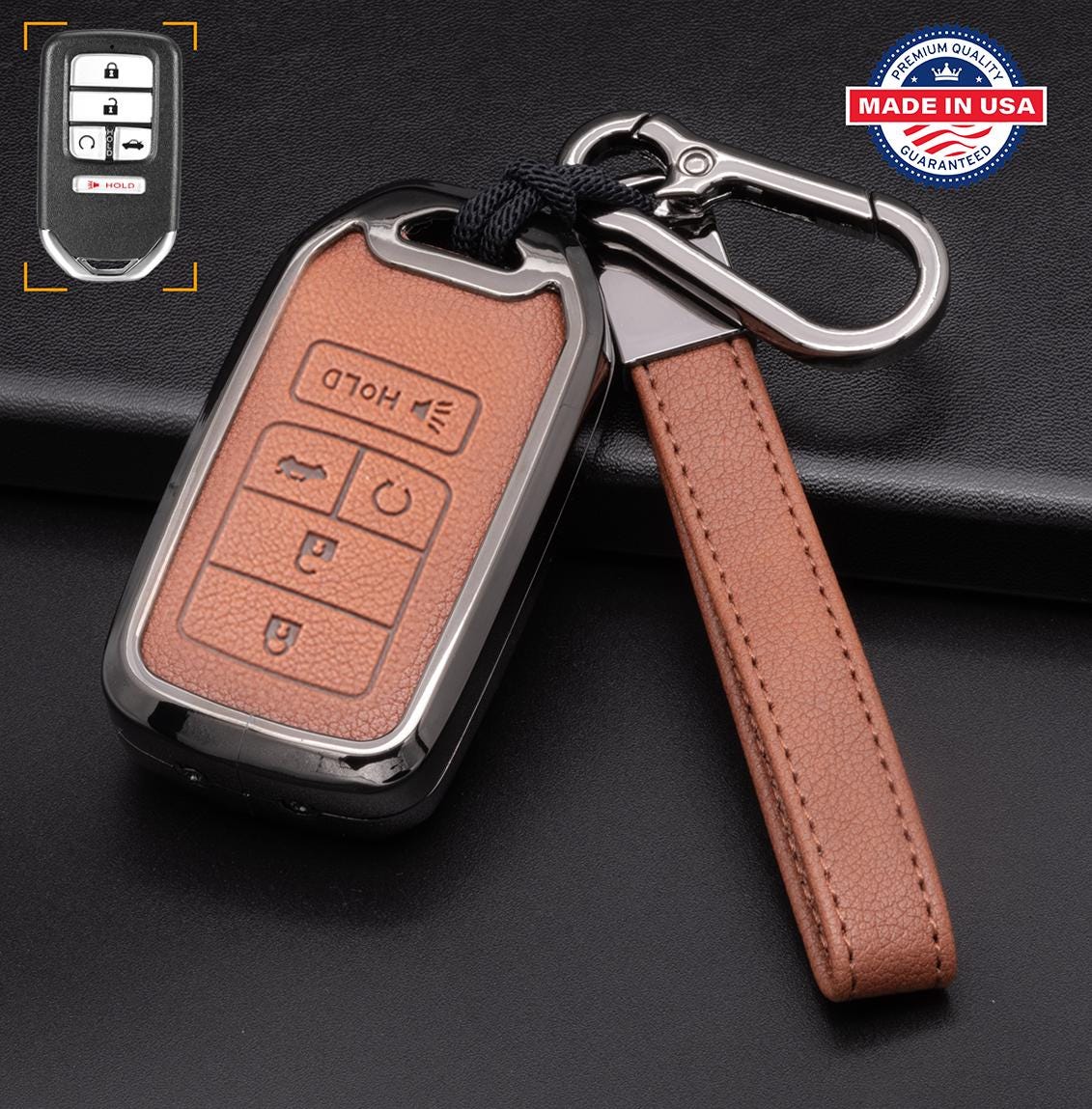 Customizable Leather & Aluminum Key Fob Cover Keychain Protector for Honda (B - 5 - Button) - Kollen US