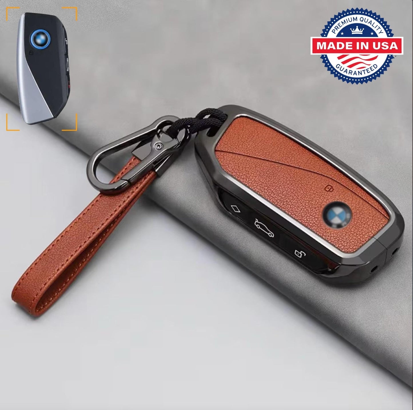 For BMW - Customizable Leather Key Fob Cover with Aluminum Shell & Keychain - Kollen US