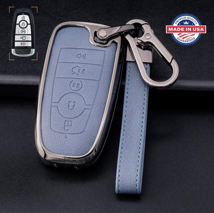 Customizable Leather & Aluminum Key Fob Cover with Keychain for Ford/Lincoln/Bronco (5 - button) - Kollen US