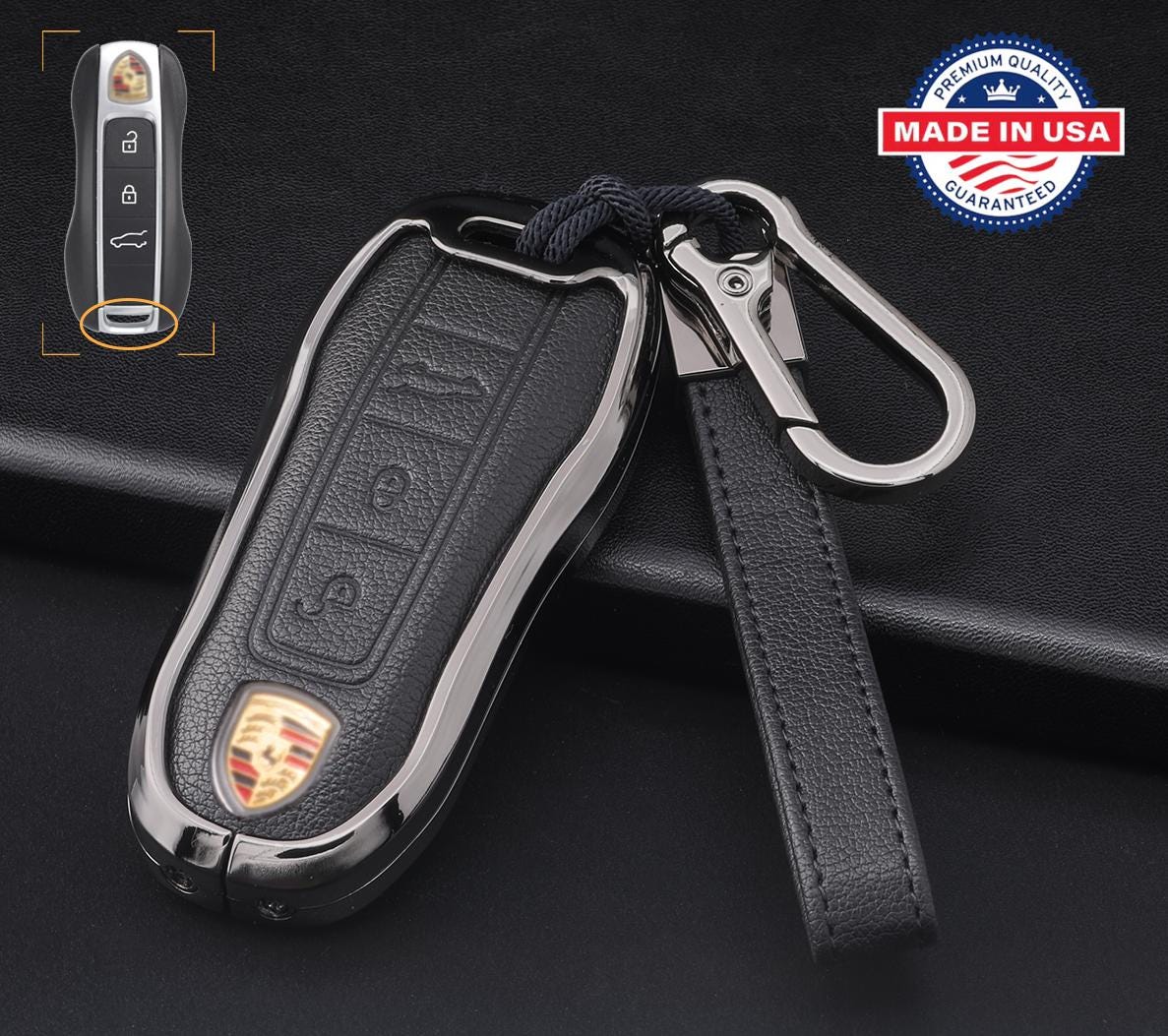 Customizable Leather & Aluminum Key Fob Cover with Keychain for Porsche (3 - button) - Kollen US