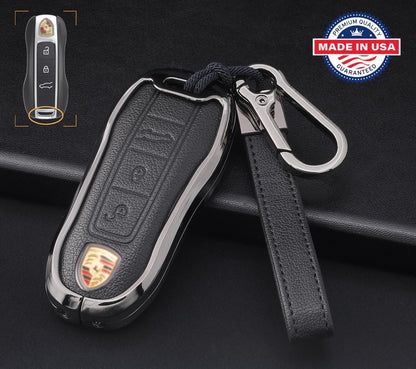 Customizable Leather & Aluminum Key Fob Cover with Keychain for Porsche (3 - button) - Kollen US