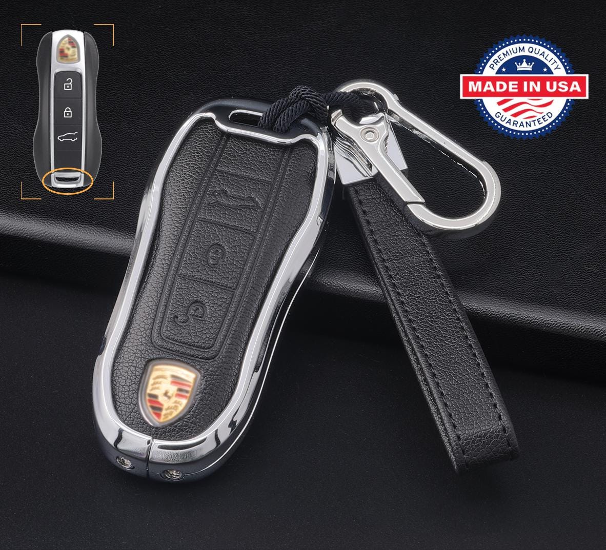 Customizable Leather & Aluminum Key Fob Cover with Keychain for Porsche (3 - button) - Kollen US