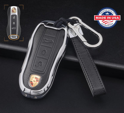 Customizable Leather & Aluminum Key Fob Cover with Keychain for Porsche (3 - button) - Kollen US