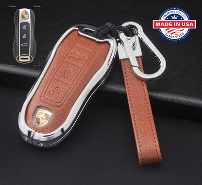 Customizable Leather & Aluminum Key Fob Cover with Keychain for Porsche (3 - button) - Kollen US