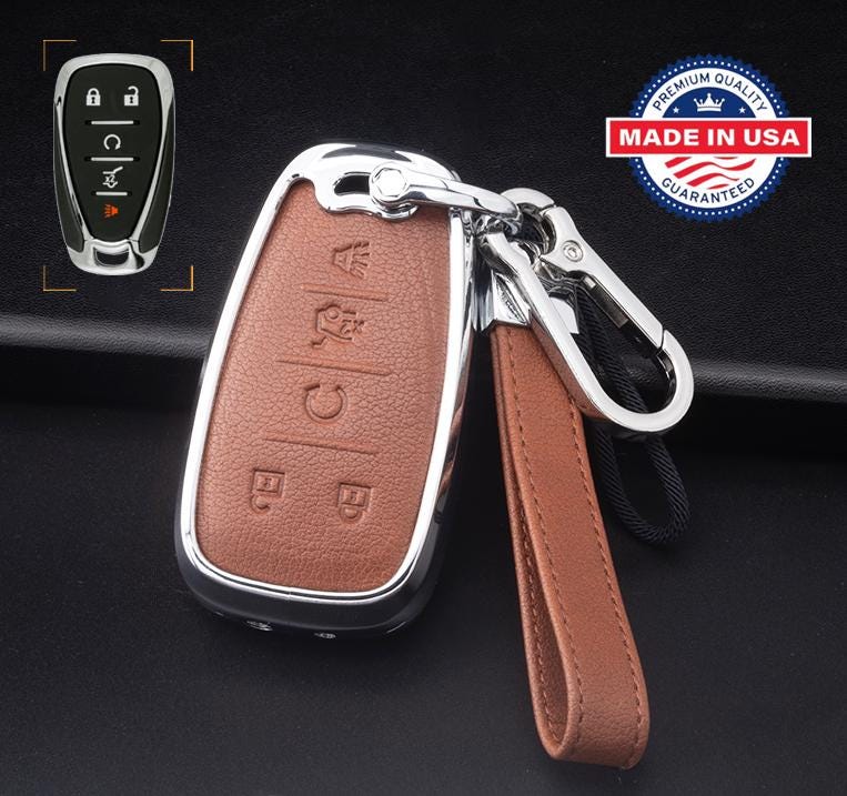 Customizable Leather & Aluminum Key Fob Cover Keychain Protector for Chevrolet-Chevy (5-Button)