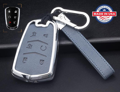 Customizable Leather & Aluminum Key Fob Cover with Keychain for Cadillac (6-button)