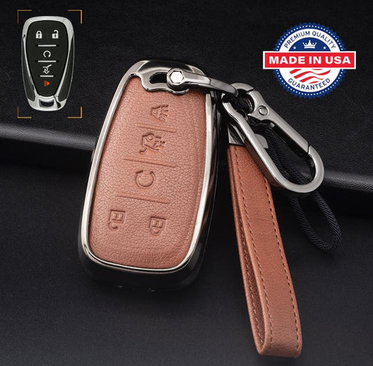 Customizable Leather & Aluminum Key Fob Cover Keychain Protector for Chevrolet - Chevy (5 - Button) - Kollen US